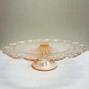Vintage Large Cake Stand Plate Pink Glass Pedestal Stand